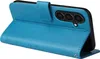 A blue flip cover phone case is shown from a side angle, with the cover open to reveal the phone's camera. Produktbild-Vorschau