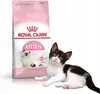 A bag of Royal Canin kitten food is shown next to a black and white kitten. Náhled obrázku produktu