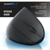 A black vertical mouse is shown on a white background with blue concentric circles emanating from its base, suggesting wireless connectivity or a smooth user experience. Text overlays provide product specifications. Voir les images du produit