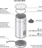 An exploded diagram of a milk frother with labels pointing to different parts. Produktbild-Vorschau