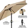 Close-up view of a beige patio umbrella, highlighting its features with text labels and inset diagrams. Produktbild-Vorschau