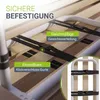 Close-up of a bed frame support system with straps and labels highlighting features. Náhled obrázku produktu