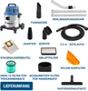 A collage of a wet and dry vacuum cleaner and its various accessories, with German labels. Produktbild-Vorschau