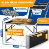 A marketing image showcasing a foldable table with various features and dimensions highlighted. Produktbild-Vorschau
