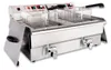 A stainless steel double deep fryer with two baskets and control knobs. Produktbild-Vorschau