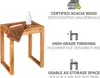 A wooden stool with a towel and a soap dispenser on top, next to marketing text about its features. Produktbild-Vorschau