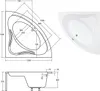 Technical drawings and a photograph of a corner bathtub with dimensions. Produktbild-Vorschau