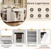 A kitchen island with multiple storage compartments and labeled features, presented in a marketing collage format. Produktbild-Vorschau