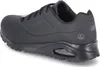 A black Skechers sneaker shown from the side. Voir les images du produit