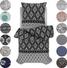 A collage of different bedding patterns and a bed with bedding. Produktbild-Vorschau