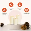 Three LED candles of varying heights are displayed on a pedestal, with pinecones in the foreground. Icons and text describing product features are arranged above the candles. Produktbild-Vorschau