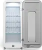 An open, empty white mini-refrigerator with shelves and a mirrored door. Produktbild-Vorschau