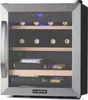 A front view of a silver and black wine cooler with wooden shelves, filled with wine bottles. Produktbild-Vorschau