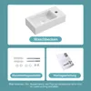 A collage showing a small white sink, mounting hardware, and an instruction manual. Anteprima dell’immagine prodotto