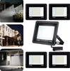 Collage of images showing LED floodlights in different settings and product shots. Produktbild-Vorschau