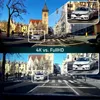 A split image showing a comparison between 4K and Full HD dashcam footage of a street scene with cars and buildings. Produktbild-Vorschau