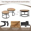 A diagram showing two round tables, one nested inside the other, with arrows indicating movement. Below are close-up shots of the table's features. Náhled obrázku produktu