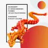 A 3D printed dragon figure with a shimmering multicolor finish, presented against a light background with abstract circular elements. Produktbild-Vorschau