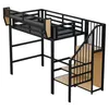 A black metal loft bed with wooden shelves and stairs, shown against a white background. Podgląd zdjęcia produktu