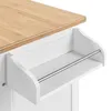 A close-up view of a white kitchen cart with a wooden top and a metal bar on a shelf. Produktbild-Vorschau