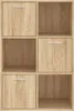 A close-up, front-facing view of a wooden storage cabinet with six compartments. Three of the compartments have doors with silver handles, while the other three are open shelves. Náhled obrázku produktu
