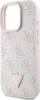 A close-up, studio shot of a pink and gray iPhone case with a repeating Guess logo pattern and a triangular Guess logo emblem. Náhled obrázku produktu