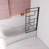 A modern bathroom with a white bathtub and a black framed shower screen. Produktbild-Vorschau