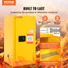 A yellow safety cabinet is shown with promotional text and diagrams highlighting its features. Produktbild-Vorschau