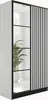 A white wardrobe with black vertical stripes on one door and mirrored doors on the other, with a plant visible inside. Voir les images du produit