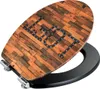 A toilet seat with a wood-grain pattern and the word "LOFT" spelled out in blue dots. Produktbild-Vorschau