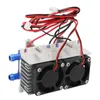 A Peltier cooling module with two fans and blue water inlet/outlet pipes, connected by red and black wires. Podgląd zdjęcia produktu