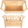 A top-down view of an open wooden storage bench and a front view of the closed bench. Produktbild-Vorschau