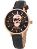 A close-up studio shot of a Police brand women's wristwatch with a black leather band and a rose gold case. The watch face features a black background with a rose gold skull design and floral accents. The brand name 'POLICE' is visible on the watch face. Produktbild-Vorschau