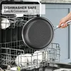 A person is holding a frying pan over a dishwasher rack with dishes inside. Náhľad obrázku produktu