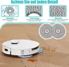 A white robot vacuum cleaner is shown on a wooden floor, with close-up images of its accessories and descriptive text highlighting features. Produktbild-Vorschau