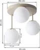 A three-light ceiling lamp with white globe shades and a beige base with gold accents, shown with dimensions indicated. Produktbild-Vorschau