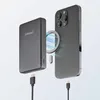 A magnetic wireless power bank is shown next to a smartphone, with charging cables connecting them. Produktbild-Vorschau