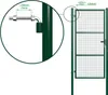 A close-up view of a metal gate hinge and a full view of a green metal gate. Produktbild-Vorschau