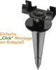 A black plastic garden spike with a multi-outlet power strip attached, shown against a white background. Text in German is overlaid on the left side. Produktbild-Vorschau
