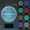 A collage of a Star Wars Death Star-shaped LED lamp shown in various colors, with dimensions indicated. Produktbild-Vorschau