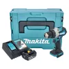 A cordless drill, two batteries, a charger, and a storage case are displayed against a white background. Voir les images du produit