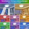A collage showing a ceiling light in different colors and settings, with remote controls. Produktbild-Vorschau