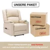A beige recliner chair next to two cardboard boxes labeled 'BOX A' and 'BOX B'. The boxes have the brand logo 'COMHOMA' printed on them. Text below the image states that the item consists of two cartons and may not be delivered simultaneously. Produktbild-Vorschau