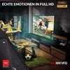 People watching a soccer game on TV in a living room, with a product in the foreground. Produktbild-Vorschau