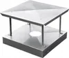 A stainless steel chimney cap with a square base and a pyramidal top, elevated by four vertical supports. It features a central circular opening at the base. Náhled obrázku produktu