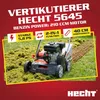 A red and yellow marketing image of a Hecht 5645 petrol-powered verticutter in use on a lawn. Produktbild-Vorschau