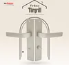 A pair of door handles is displayed against a light, patterned background with decorative lines and text. Produktbild-Vorschau