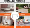 Collage showing a clear acrylic C-shaped table in different home settings: living room, courtyard, bathroom, and terrace. Náhľad obrázku produktu