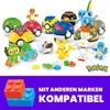 A collection of Pokémon-themed building toys, including Poké Balls and character figures, arranged on a white background with promotional text below. Podgląd zdjęcia produktu