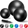 Three black exercise balls of different sizes are arranged diagonally, with a black pump in the foreground. Below the balls are smaller colored balls representing different color options. Produktbild-Vorschau
